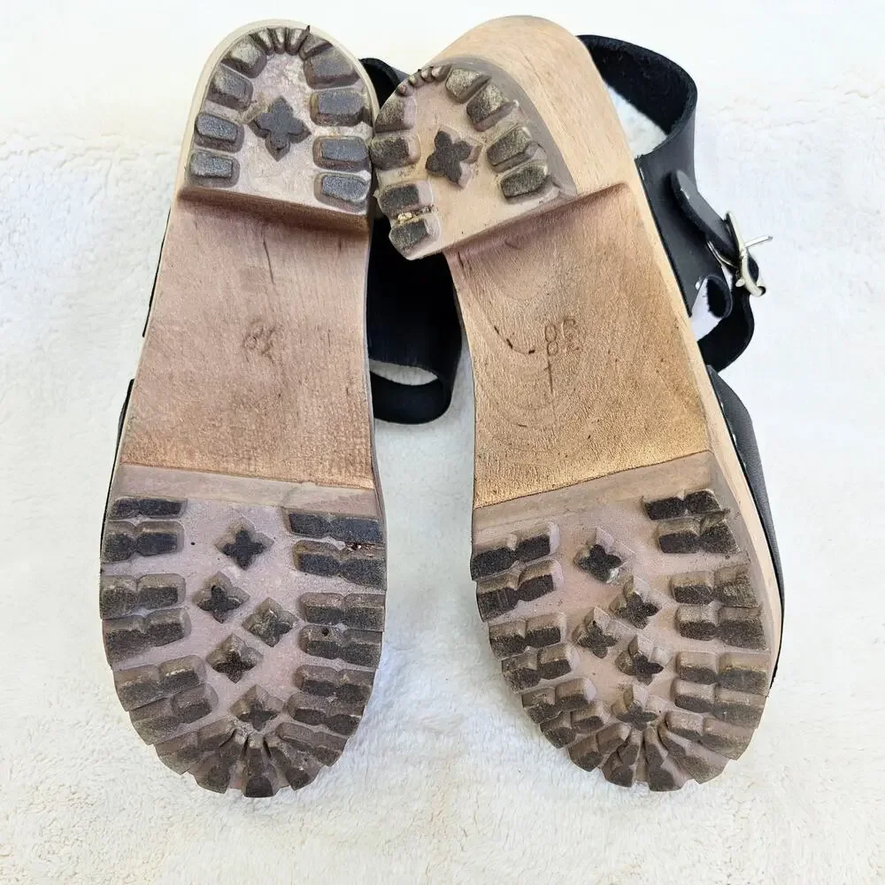 Mia Abba Wood Swedish Clog Platform Sandals Black Leather Size EU 38 US 7.5/8 - Picture 5 of 8